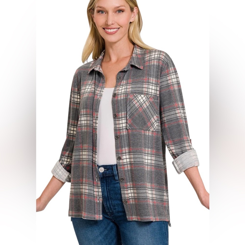 Zenana Shacket Black Lightweight Soft Flannel Pla… - image 1